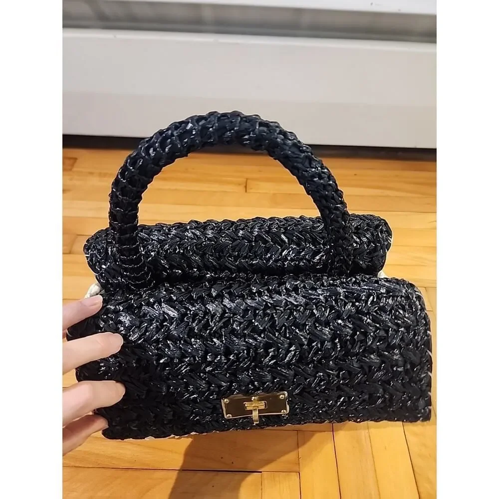 READVintage Woven Straw Clutch Bag Purse Black White Raffia Simon Made In Japan
